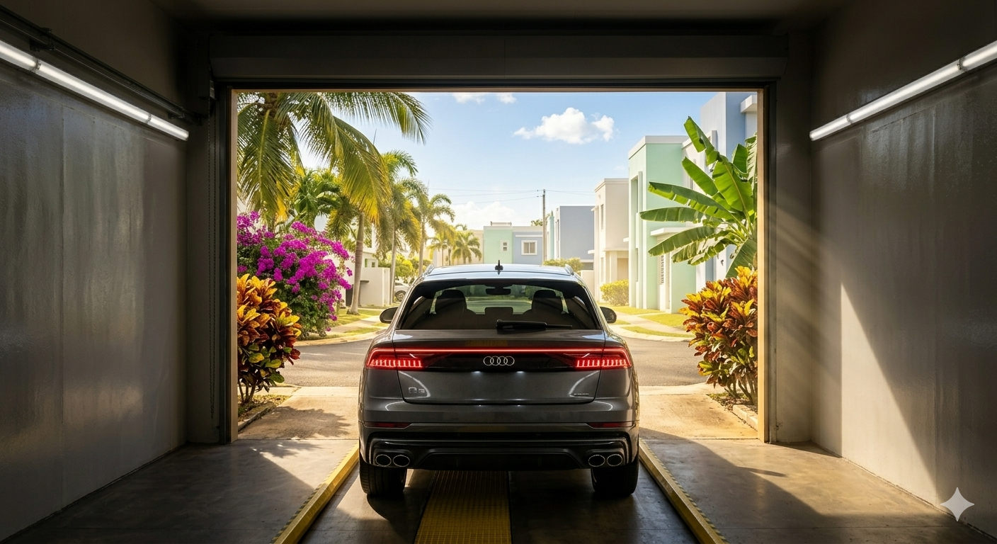 Executive Car Wash tunnel exit — tropical Puerto Rico setting